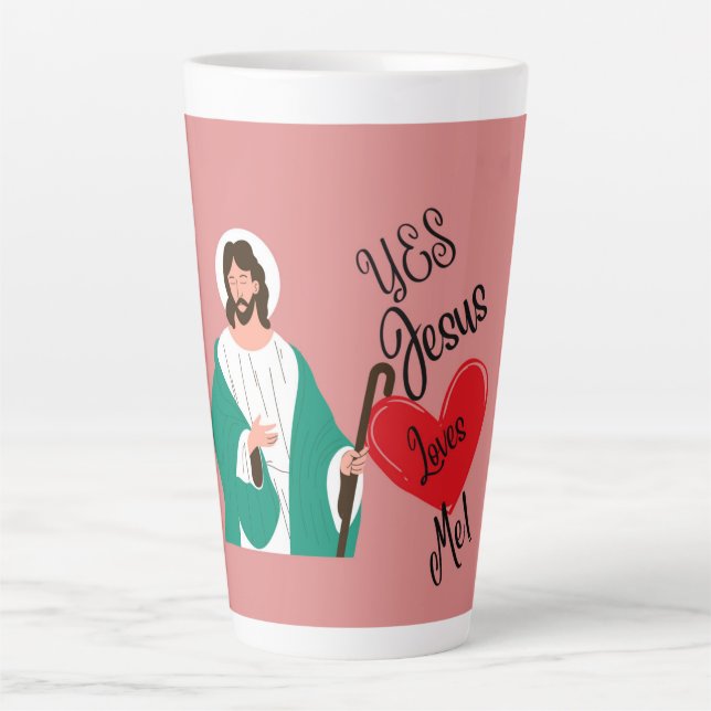 Caneca De Café Latte "Yes, Jesus Loves Me" Pink Large Latte Mug  (Frente)