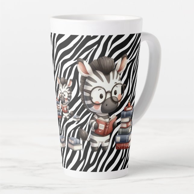 Caneca De Café Latte Zebra Lendo Livros. (Ângulo direito)