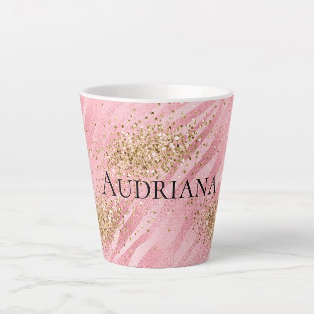 Caneca De Café Latte Zebra Rosa Dourada Glitzy Brilhante (Frente)