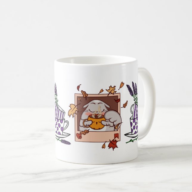 Caneca De Café Lavanda De Gato De Café Poster - Felino Encantador (Frente Esquerda)