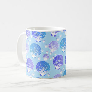 Caneca De Café Lavanda e conchas azuis em azul pálido