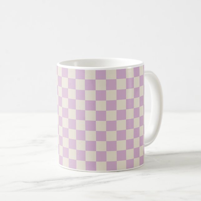 Caneca De Café Lavanda e quadro de verificação branco desligado (Frente Esquerda)