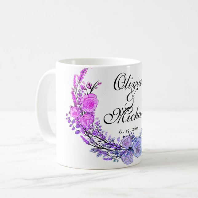 Caneca De Café Lavanda, Eucalyptus, rosas roxas de teal rosa (Frente Esquerda)