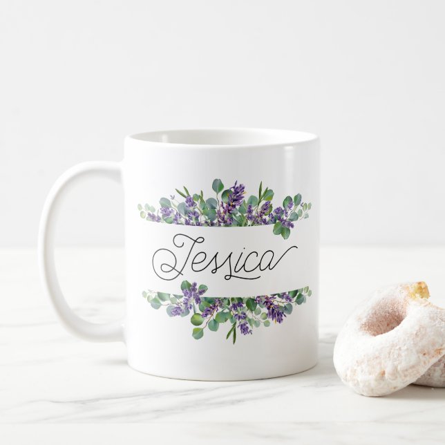 Caneca De Café Lavanda Floral Mug de Nome Personalizado (Com Donut)