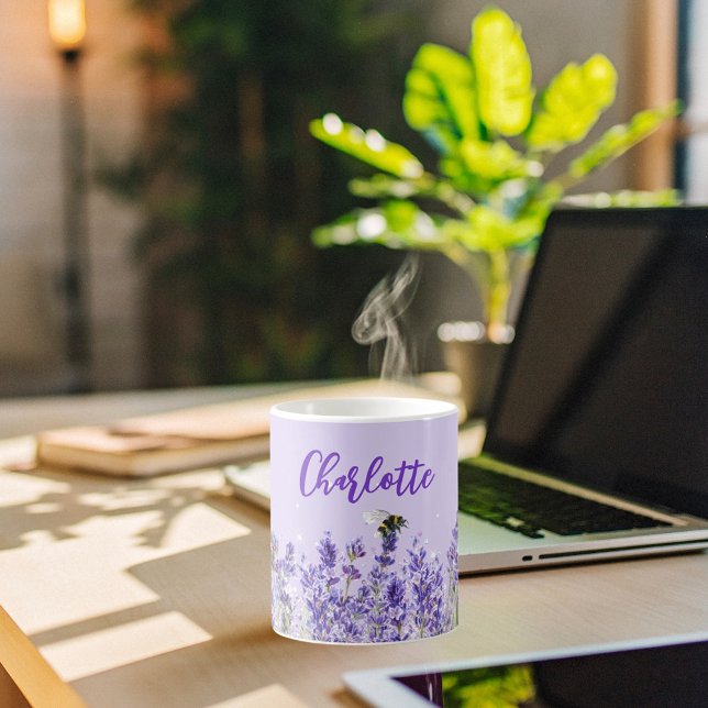 Caneca De Café Lavanda florals name script elegant (Criador carregado)