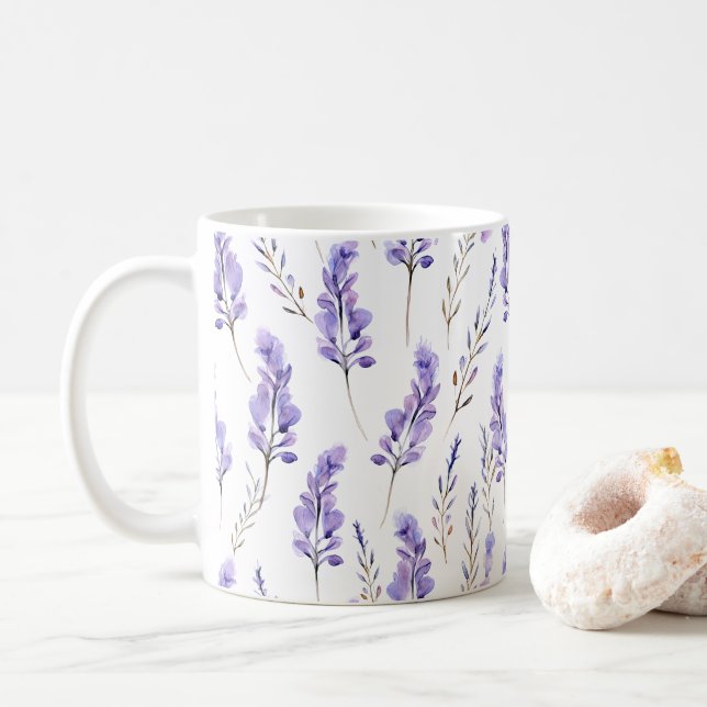 Caneca De Café Lavanda Flores Presas Estilo de Aquarela (Com Donut)