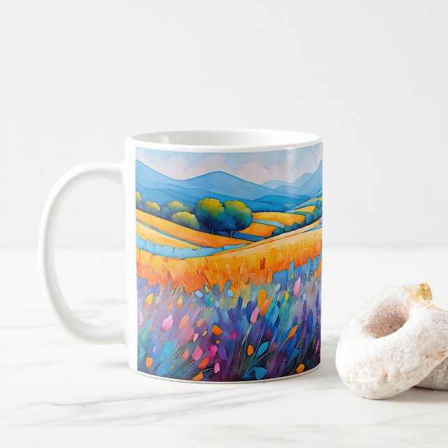Caneca De Café Lavande Serenité. Provença de Paisagem Ampla (Com Donut)