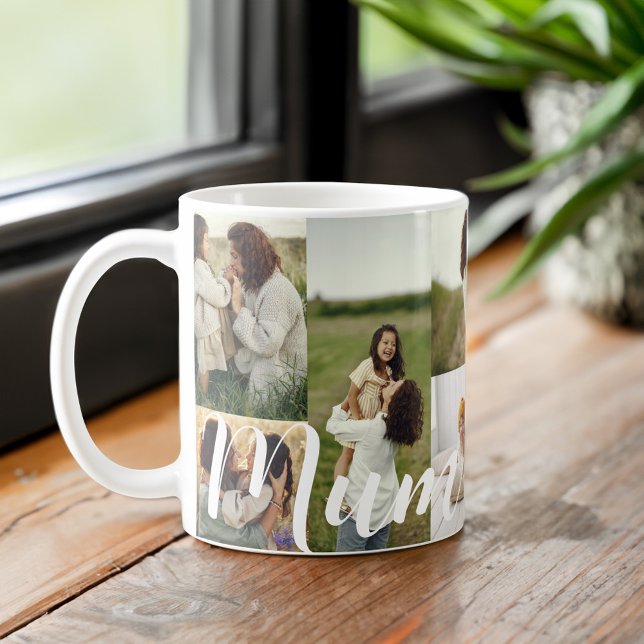Caneca De Café Layout Personalizado da Grade de Fotografias de Mã (Elegant Script Mum Photo Grid Layout Personalized Coffee Mug)