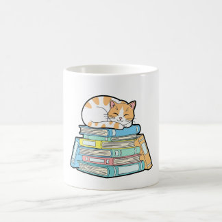 Caneca De Café Lazy Cat on Books – Cute Cozy Illustration