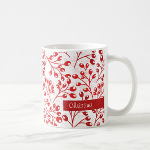 Caneca De Café Leafy Red Pattern Modern Elegant Nome Personalizad