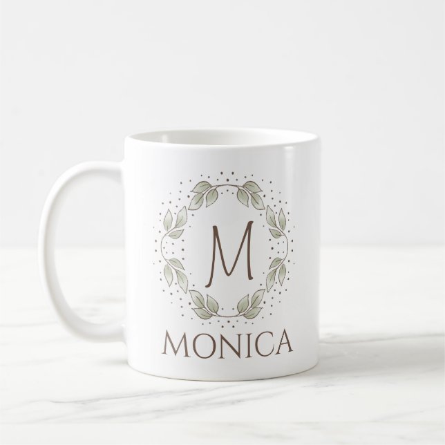 Caneca De Café Leafy Wreath Com Monograma E Nome (Esquerda)