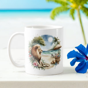 Caneca De Café Leão de Aquarela de Verão na praia