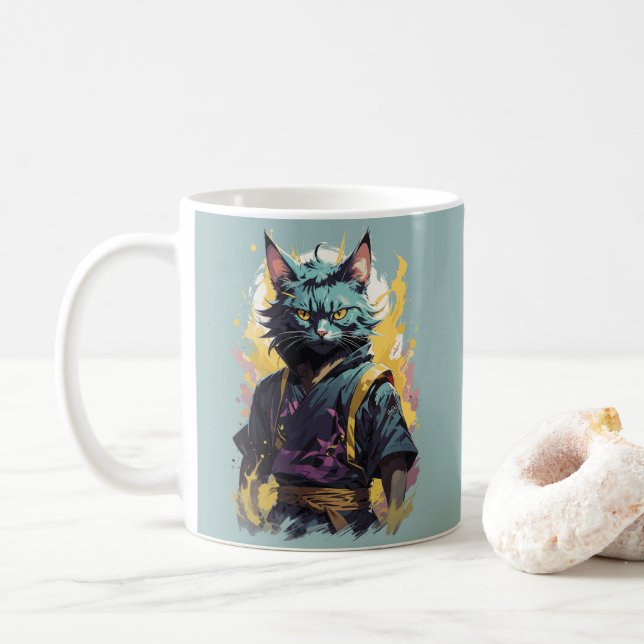 Caneca De Café Legal fogo Cinza Ninja Cat Warrior (Com Donut)