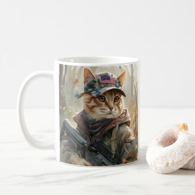 Caneca De Café Legal Gato de MAGA com Arma e Camuflagem AMÉRICA F (Com Donut)