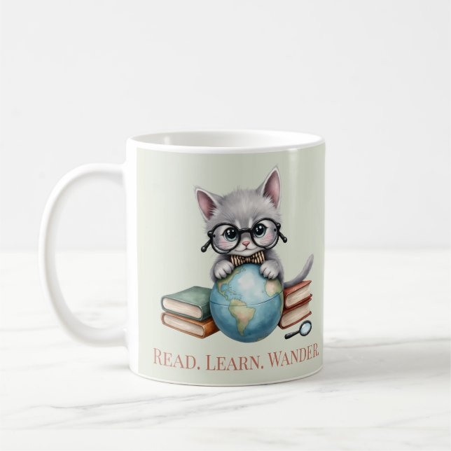 Caneca De Café "Leia. Aprenda. Wander." Gato de Biscoito Bonito (Esquerda)