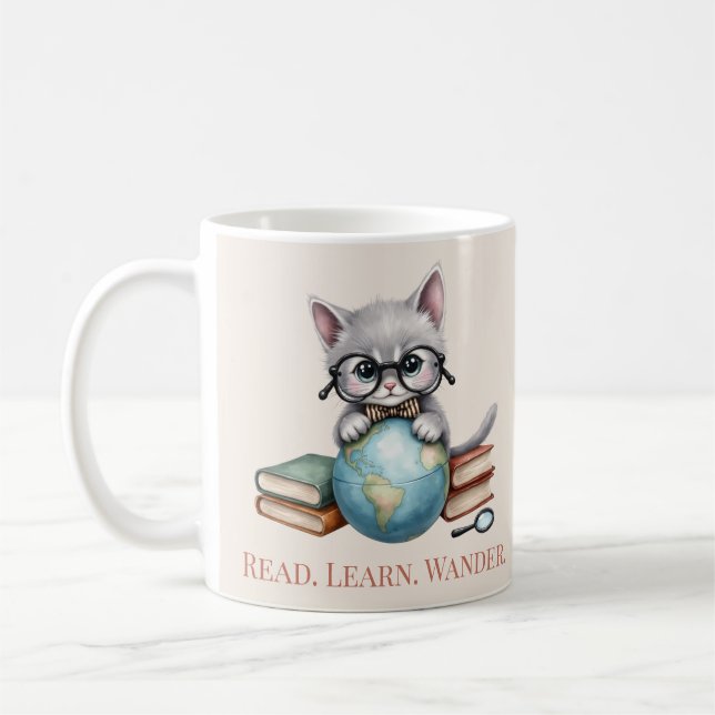 Caneca De Café "Leia. Aprenda. Wander." Gato de Biscoito Bonito (Esquerda)