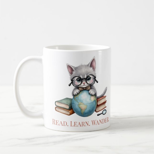Caneca De Café "Leia. Aprenda. Wander." Gato de Biscoito Bonito (Esquerda)