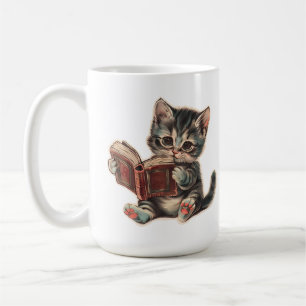 Caneca De Café Leitura de um gato bonito retrava ilustração infan