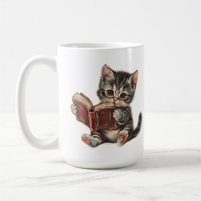Caneca De Café Leitura de um gato bonito retrava ilustração infan (Esquerda)