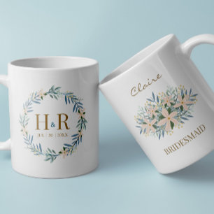 Caneca De Café Lembrança de Monograma de Damas de Honra com Flore