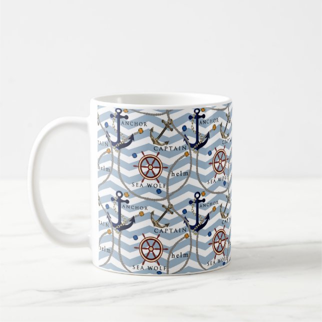 Caneca De Café Leme náutico, leme branco azul zigzag (Esquerda)