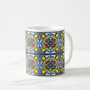 Caneca De Café 🍋 Lemon Azul Bloom — Azulejo Mediterrâneo