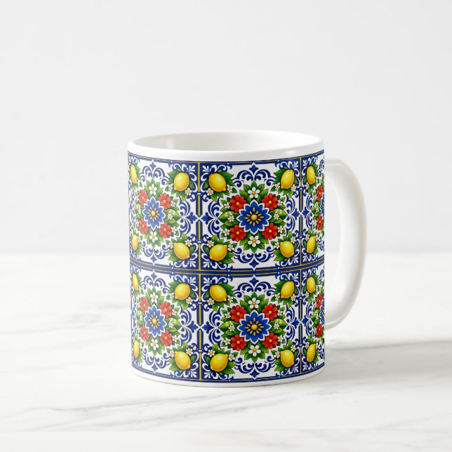 Caneca De Café 🍋 Lemon Azul Bloom — Azulejo Mediterrâneo (Frente Esquerda)