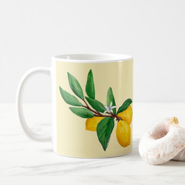 Caneca De Café Lemon Leaf Watercolor Design | Citrus Yellow (Com Donut)