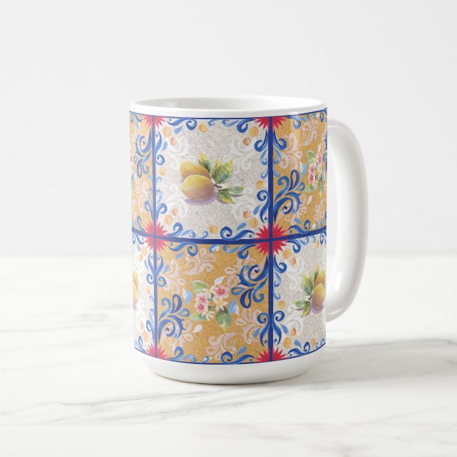 Caneca De Café Lemons & Joy_1 Estilo de Azulejos Italianos (Frente Esquerda)