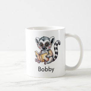 Caneca De Café Lêmure Fofo Lendo um Livro Personalizado