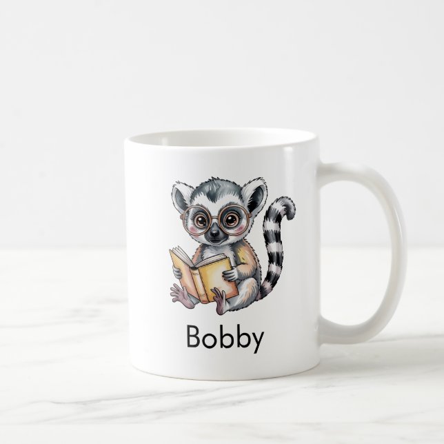 Caneca De Café Lêmure Fofo Lendo um Livro Personalizado (Direita)