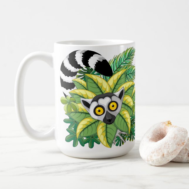 Caneca De Café Lêmures de Madagascar na Selva Exótica (Com Donut)