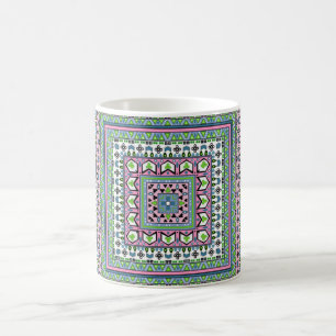 Caneca De Café Lenço étnico ornamental quadrado azul e verde