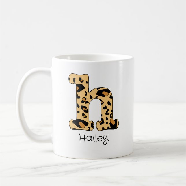 Caneca De Café Leopard Impressão Inicial h Minúscula e Nome (Esquerda)
