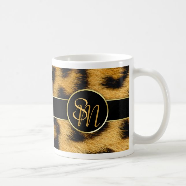 Caneca De Café Leopard Print Monogramas Script Elegante - Mug (Direita)