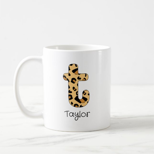 Caneca De Café Leopardo Imprimir Inicial em Minúsculas e Nome (Esquerda)