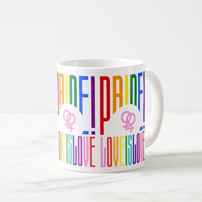 Caneca De Café Lésbica Love is Love LGBT Pride Rainbow Typografia (Frente Esquerda)