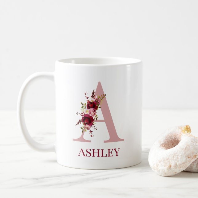 Caneca De Café Letra A Burgundy Blush Floral (Com Donut)
