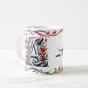 Caneca De Café Letra A de Monograma Floral Nome Personalizado Col