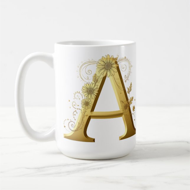 Caneca De Café Letra A Dourada Elegante Com Design Floral (Esquerda)