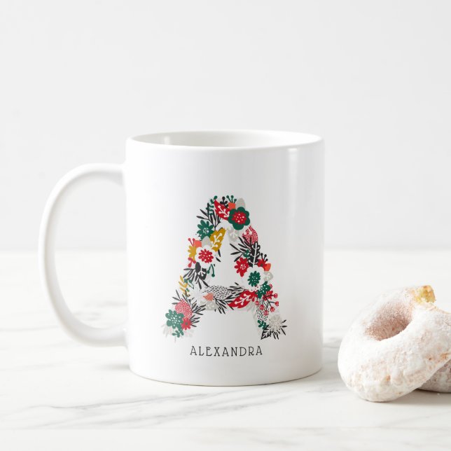 Caneca De Café Letra A | Whimsical Floral - Letra Monograma I Mug (Com Donut)