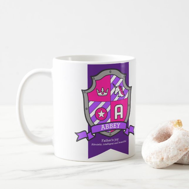 Caneca De Café Letra Abbey A crest pink unicorn name (Com Donut)