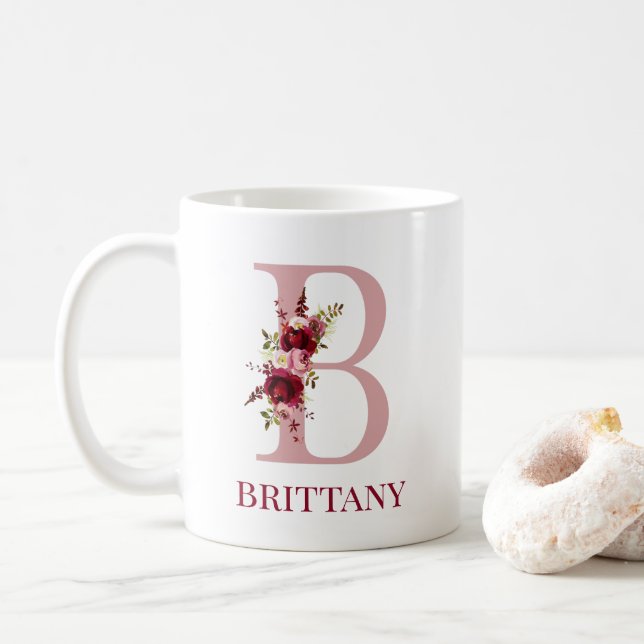 Caneca De Café Letra B Burgundy Blush Floral (Com Donut)