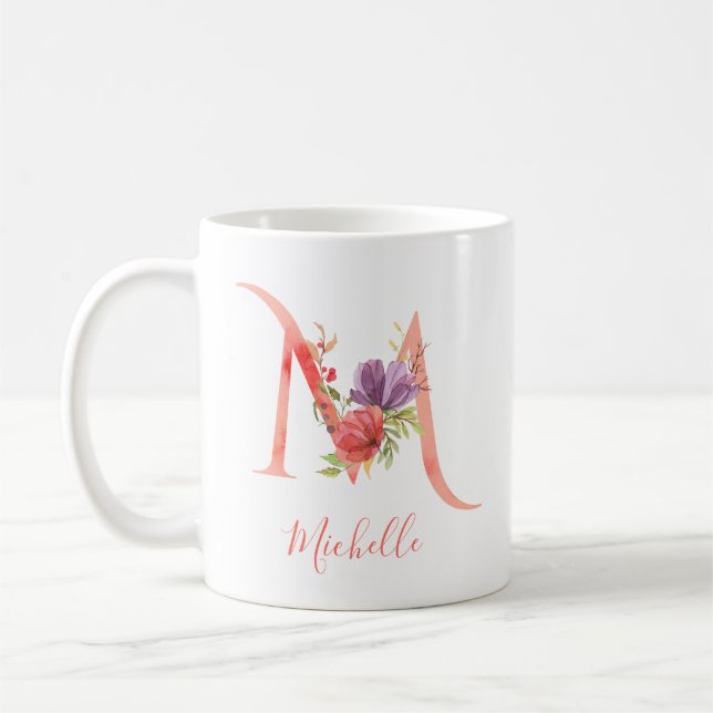 Caneca De Café Letra bonito Pink Watercolor "M" (Esquerda)