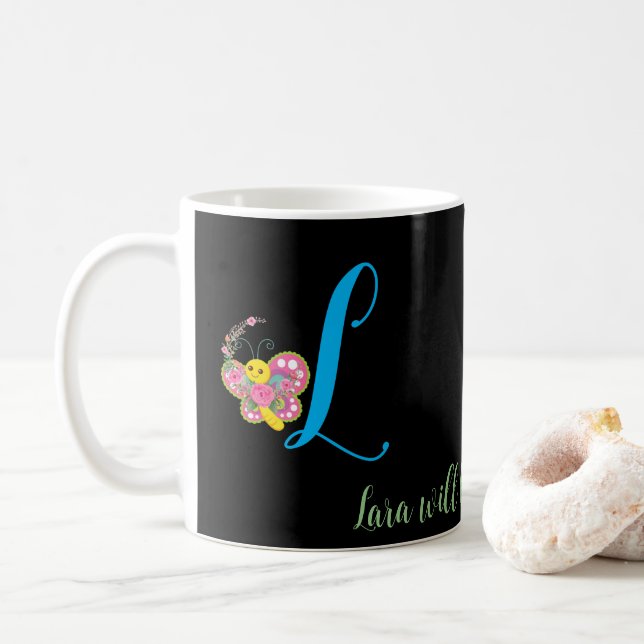 Caneca De Café Letra Butterfly L Floral Mug (Com Donut)