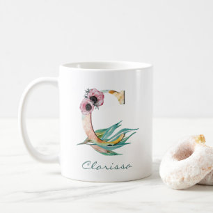 Caneca De Café Letra C Floral Personalizada Monograma de Folhagem