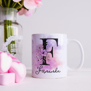 Caneca De Café Letra Cor-de-rosa púrpura a preto monograma F