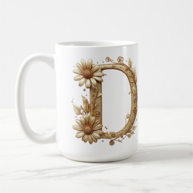 Caneca De Café Letra D Dourada Elegante Com Design Floral (Esquerda)