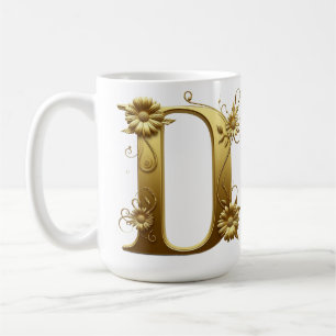 Caneca De Café Letra D Dourada Elegante Com Design Floral