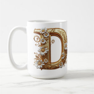 Caneca De Café Letra D Dourada Elegante Com Design Floral